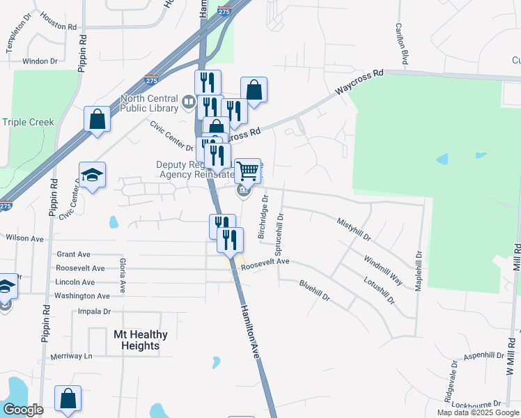 map of restaurants, bars, coffee shops, grocery stores, and more near 10897 Birchridge Drive in Cincinnati