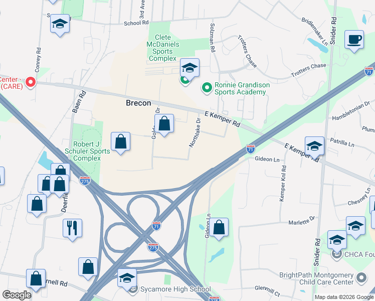 map of restaurants, bars, coffee shops, grocery stores, and more near 11500 Northlake Drive in Cincinnati