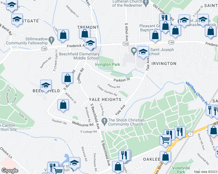 map of restaurants, bars, coffee shops, grocery stores, and more near 4441 Eldone Road in Baltimore