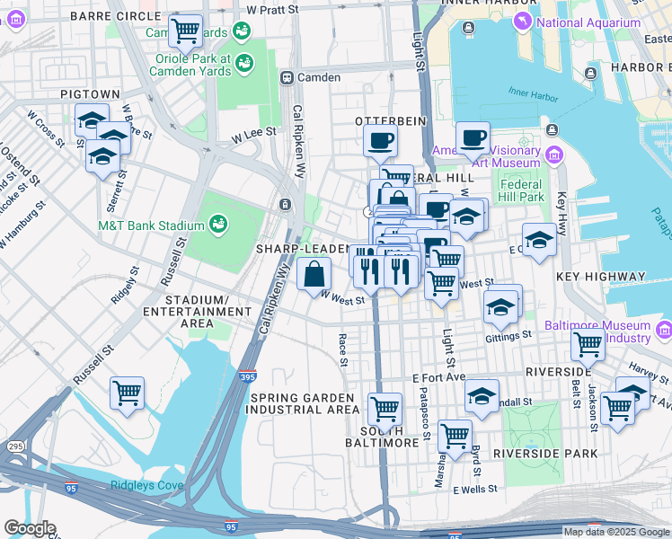 map of restaurants, bars, coffee shops, grocery stores, and more near 7 West Cross Street in Baltimore