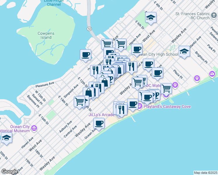 map of restaurants, bars, coffee shops, grocery stores, and more near 1101 Central Avenue in Ocean City