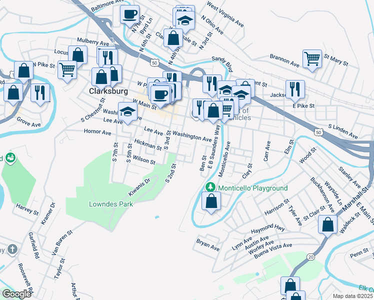 map of restaurants, bars, coffee shops, grocery stores, and more near 407 South 2nd Street in Clarksburg
