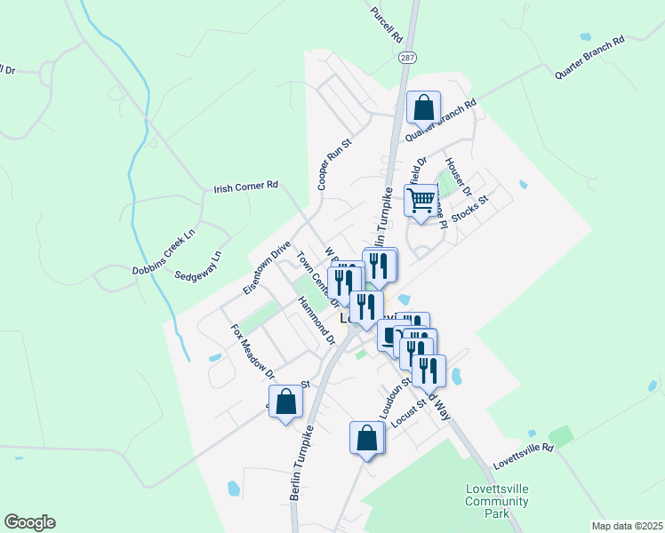 map of restaurants, bars, coffee shops, grocery stores, and more near 13 West Broad Way in Lovettsville