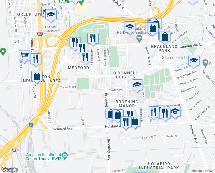 map of restaurants, bars, coffee shops, grocery stores, and more near 1449 Broening Highway in Baltimore