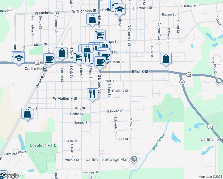 map of restaurants, bars, coffee shops, grocery stores, and more near 425 South East Street in Carlinville