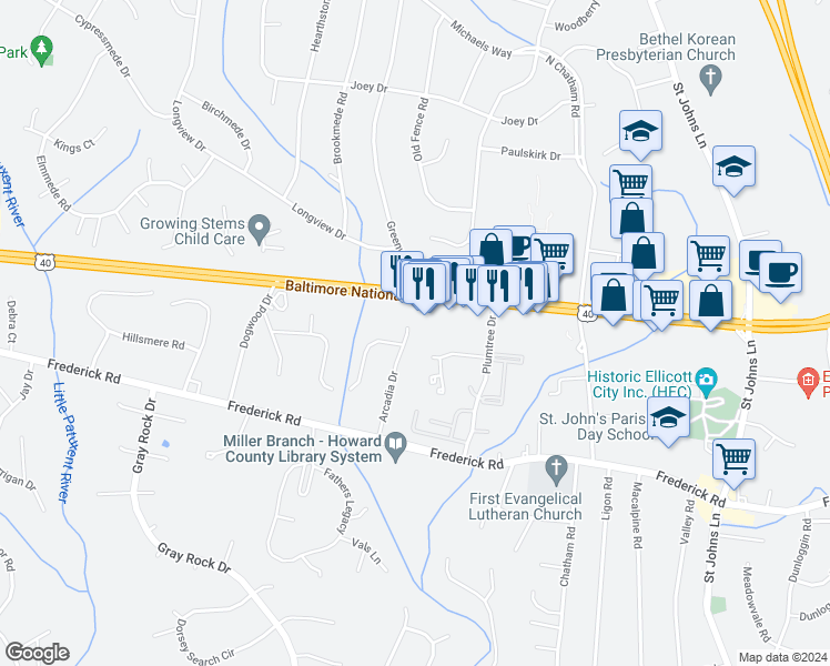 map of restaurants, bars, coffee shops, grocery stores, and more near 3423 Arcadia Drive in Ellicott City