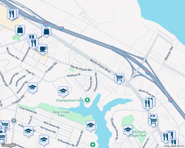 map of restaurants, bars, coffee shops, grocery stores, and more near 3426 Wallford Drive in Dundalk