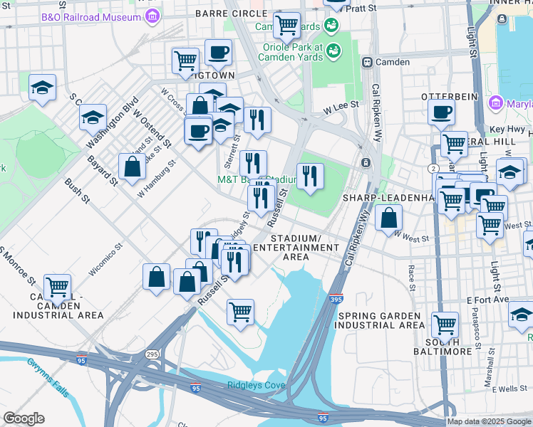 map of restaurants, bars, coffee shops, grocery stores, and more near 1410 Baltimore-Washington Parkway in Baltimore