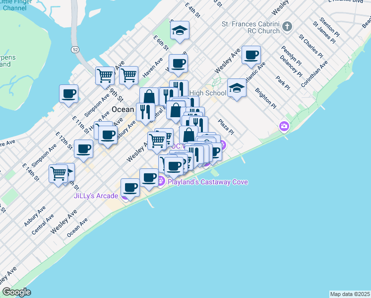 map of restaurants, bars, coffee shops, grocery stores, and more near 715 Moorlyn Terrace in Ocean City