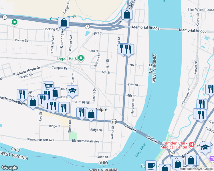 map of restaurants, bars, coffee shops, grocery stores, and more near 416 Elm Street in Belpre