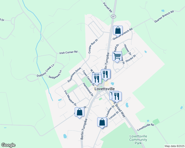 map of restaurants, bars, coffee shops, grocery stores, and more near 13 West Broad Way in Lovettsville