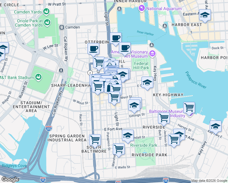 map of restaurants, bars, coffee shops, grocery stores, and more near Light Street & East Cross Street in Baltimore