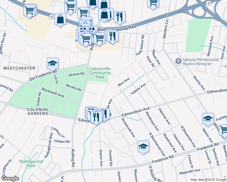 map of restaurants, bars, coffee shops, grocery stores, and more near 1405 Rice Avenue in Catonsville