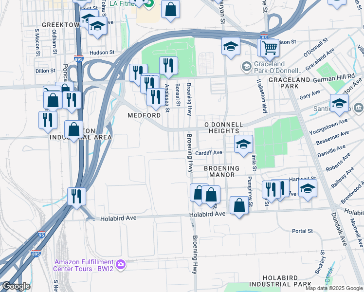 map of restaurants, bars, coffee shops, grocery stores, and more near 1437 Bonsal Street in Baltimore
