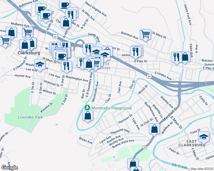 map of restaurants, bars, coffee shops, grocery stores, and more near 222 South Maple Avenue in Clarksburg