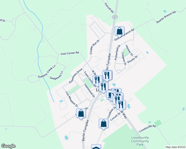 map of restaurants, bars, coffee shops, grocery stores, and more near 15 West Broad Way in Lovettsville
