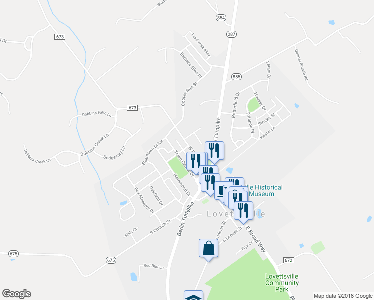 map of restaurants, bars, coffee shops, grocery stores, and more near 15 West Broad Way in Lovettsville