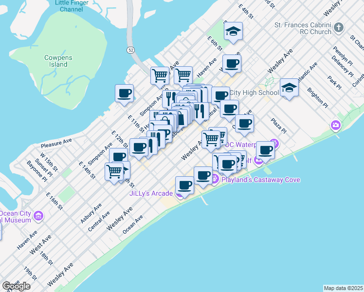 map of restaurants, bars, coffee shops, grocery stores, and more near in Ocean City