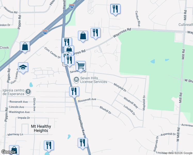 map of restaurants, bars, coffee shops, grocery stores, and more near 2116 Sevenhills Drive in Cincinnati