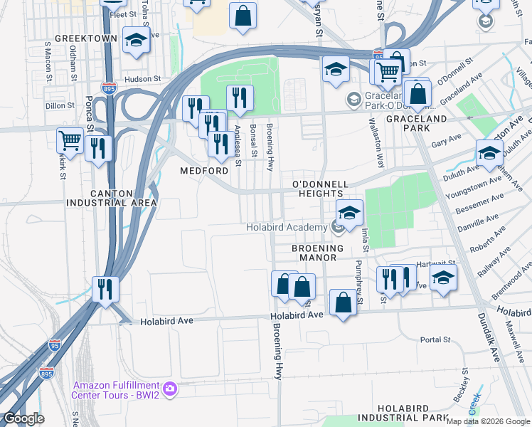 map of restaurants, bars, coffee shops, grocery stores, and more near 1438 Broening Highway in Baltimore