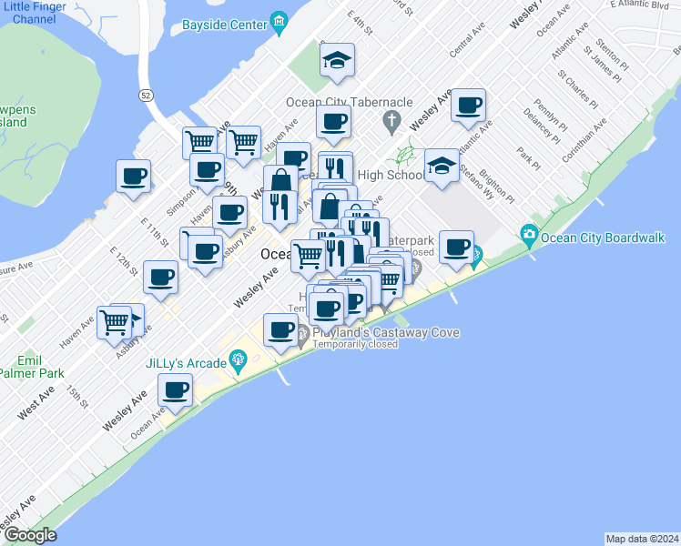 map of restaurants, bars, coffee shops, grocery stores, and more near 715 Moorlyn Terrace in Ocean City
