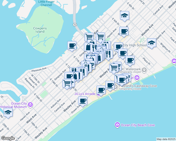 map of restaurants, bars, coffee shops, grocery stores, and more near 1100 West Avenue in Ocean City