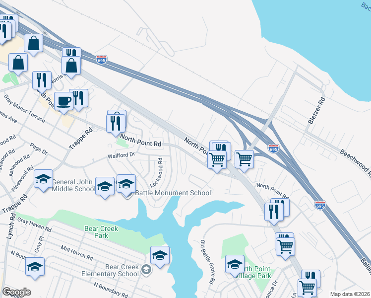 map of restaurants, bars, coffee shops, grocery stores, and more near 3615 North Point Boulevard in Dundalk
