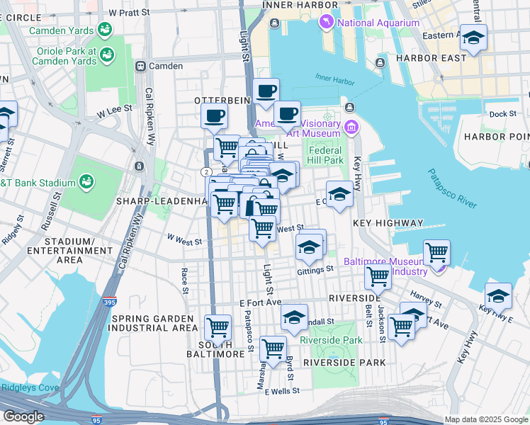 map of restaurants, bars, coffee shops, grocery stores, and more near 1103 Light Street in Baltimore
