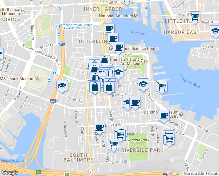 map of restaurants, bars, coffee shops, grocery stores, and more near 1103 Light Street in Baltimore