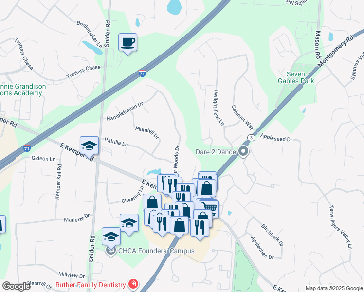 map of restaurants, bars, coffee shops, grocery stores, and more near 11562 Kemper Woods Drive in Cincinnati