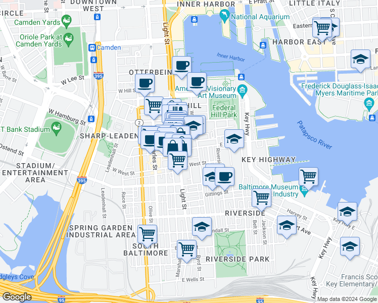 map of restaurants, bars, coffee shops, grocery stores, and more near 123 East Cross Street in Baltimore