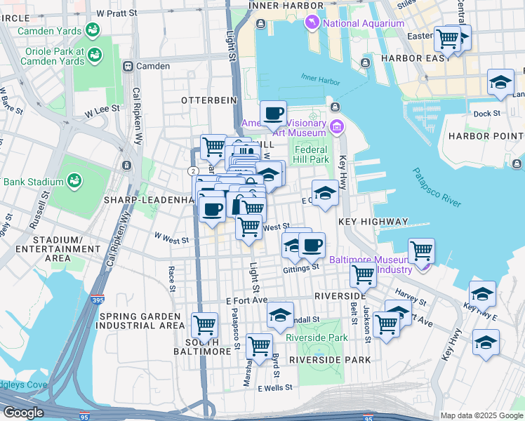 map of restaurants, bars, coffee shops, grocery stores, and more near 123 East Cross Street in Baltimore