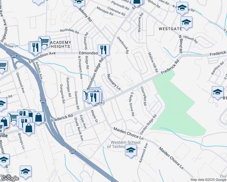 map of restaurants, bars, coffee shops, grocery stores, and more near 1 North Symington Avenue in Catonsville
