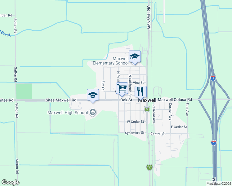 map of restaurants, bars, coffee shops, grocery stores, and more near 184 North Pacific Street in Maxwell
