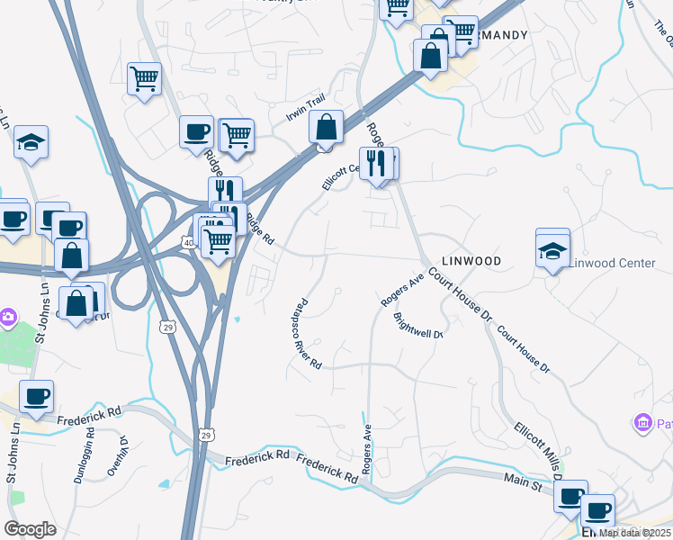 map of restaurants, bars, coffee shops, grocery stores, and more near 8709 Ridge Road in Ellicott City