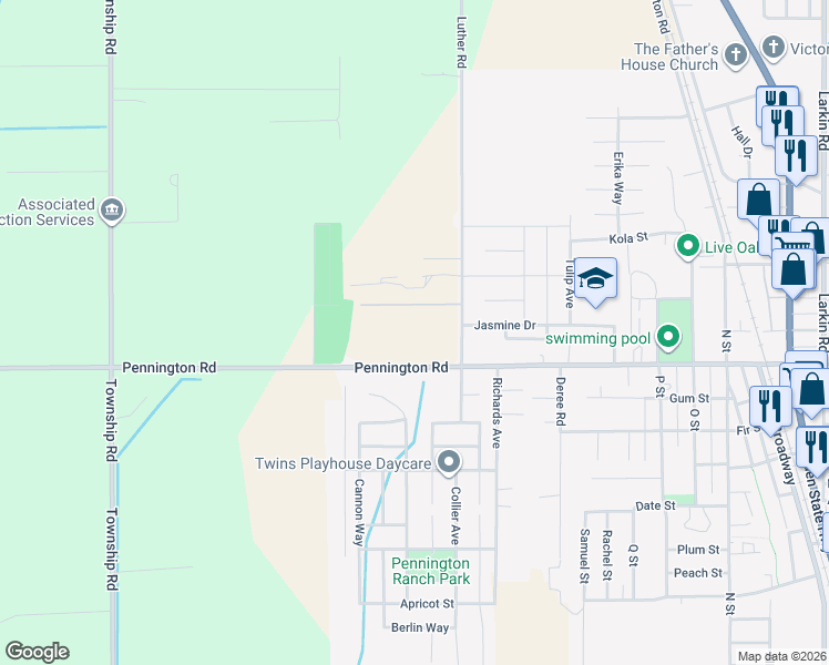 map of restaurants, bars, coffee shops, grocery stores, and more near 10118 Luther Road in Live Oak