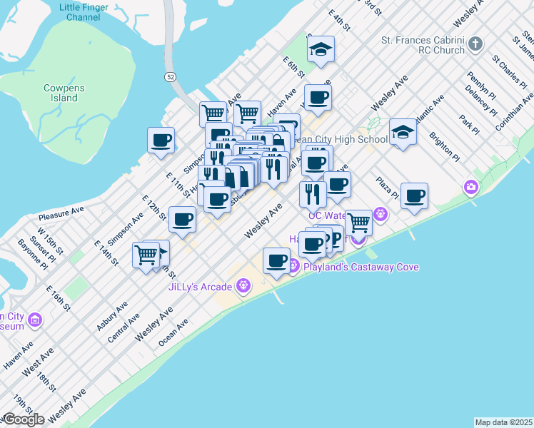 map of restaurants, bars, coffee shops, grocery stores, and more near 916 Wesley Avenue in Ocean City