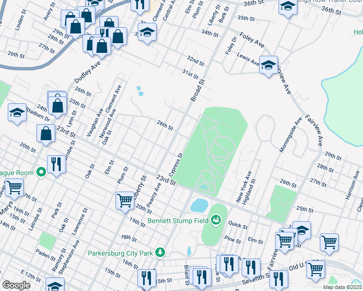 map of restaurants, bars, coffee shops, grocery stores, and more near 2522 Broad St in Parkersburg