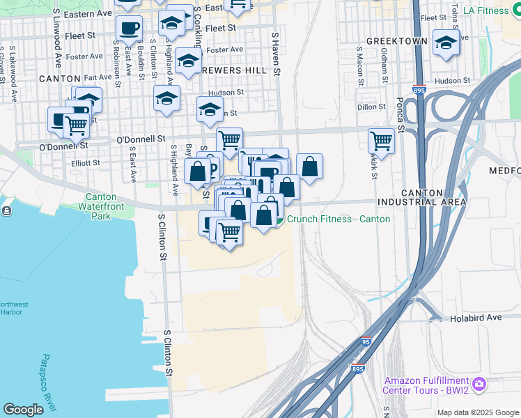 map of restaurants, bars, coffee shops, grocery stores, and more near 3889 Boston Street in Baltimore