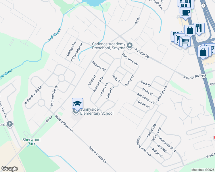 map of restaurants, bars, coffee shops, grocery stores, and more near 14 Liborio Lane in Smyrna