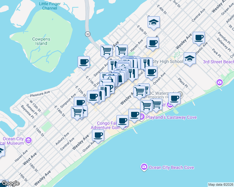 map of restaurants, bars, coffee shops, grocery stores, and more near 944 Central Avenue in Ocean City