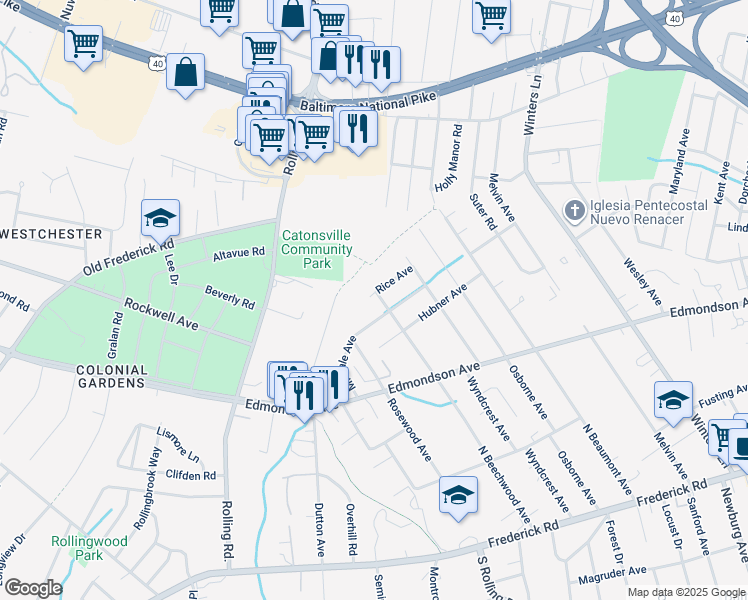 map of restaurants, bars, coffee shops, grocery stores, and more near 1405 Rice Avenue in Catonsville