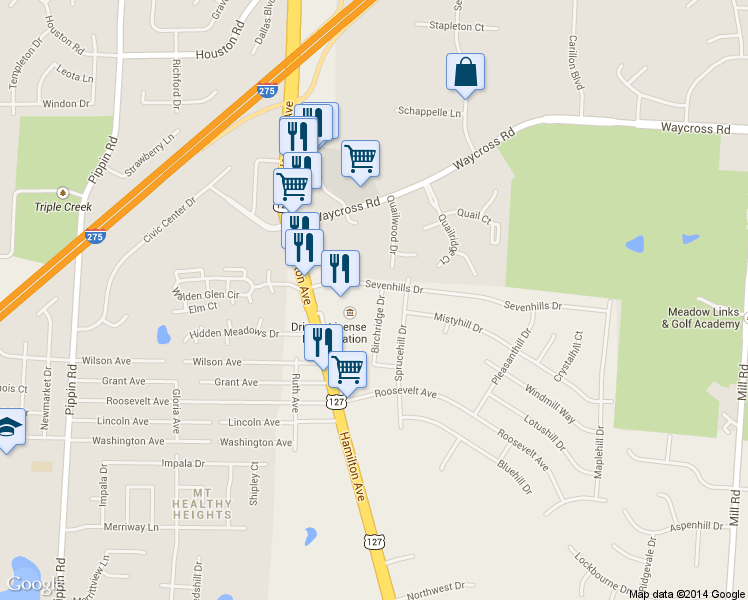 map of restaurants, bars, coffee shops, grocery stores, and more near 2161 Sevenhills Drive in Cincinnati