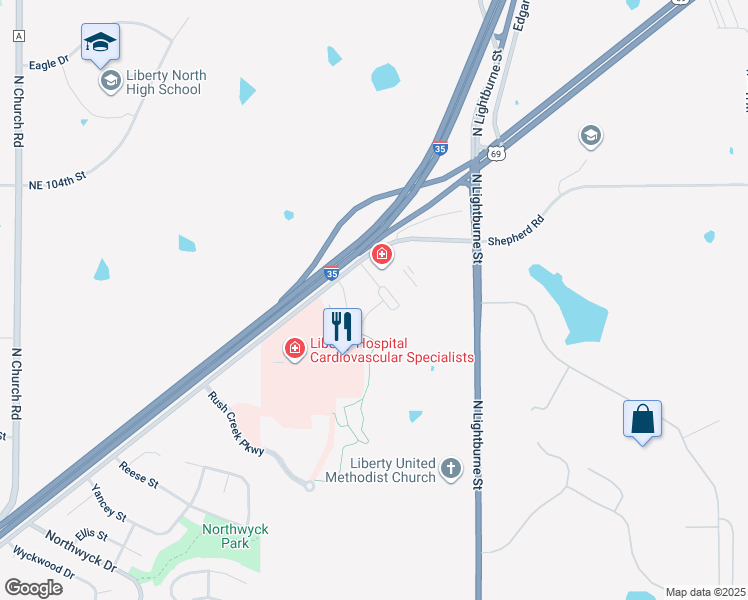 map of restaurants, bars, coffee shops, grocery stores, and more near 2555 Norterre Circle in Liberty