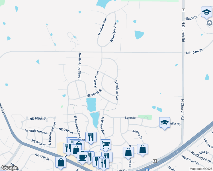map of restaurants, bars, coffee shops, grocery stores, and more near 10124 North Hedges Court in Kansas City