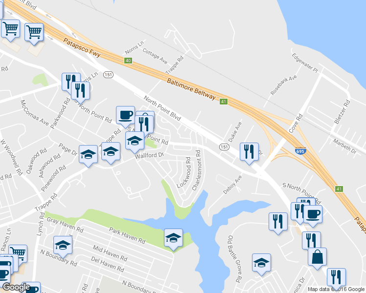 map of restaurants, bars, coffee shops, grocery stores, and more near 3409 North Point Road in Dundalk