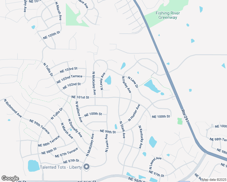 map of restaurants, bars, coffee shops, grocery stores, and more near 8714 Northeast 101st Terrace in Kansas City