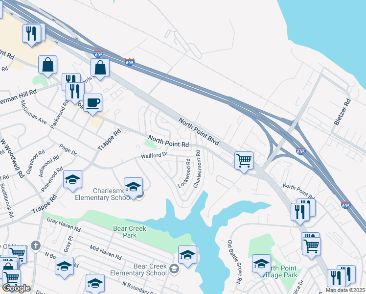 map of restaurants, bars, coffee shops, grocery stores, and more near 3409 North Point Road in Dundalk
