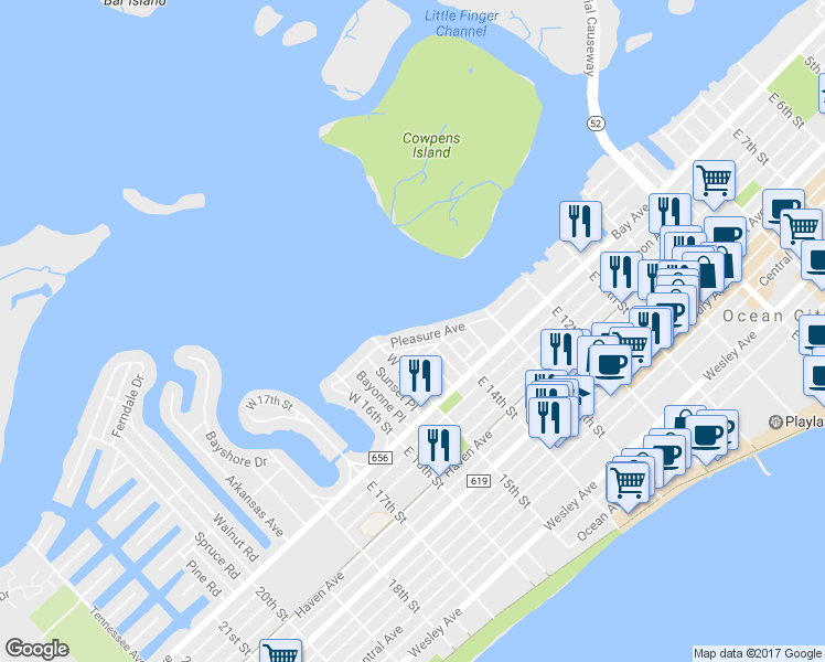 map of restaurants, bars, coffee shops, grocery stores, and more near 1416 Pleasure Avenue in Ocean City