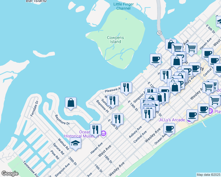 map of restaurants, bars, coffee shops, grocery stores, and more near 1416 Pleasure Avenue in Ocean City